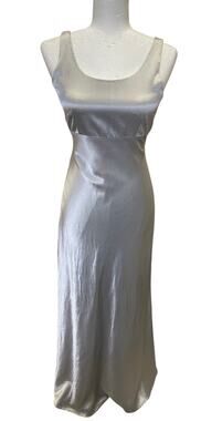 VTG 90s Erez Levy Silver Satin Round Neck Empire Waist Maxi Formal Dress Petit 4